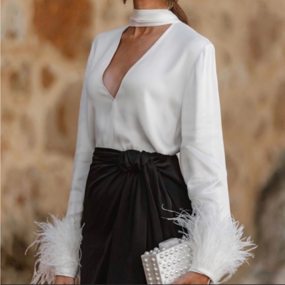 Zara Satin Feathered Cuff Blouse